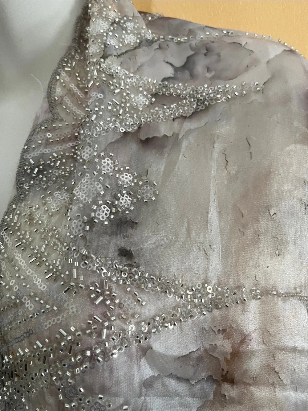 Unique Vintage Sheer Floral Scarf Wrap in Light Gray and Silver